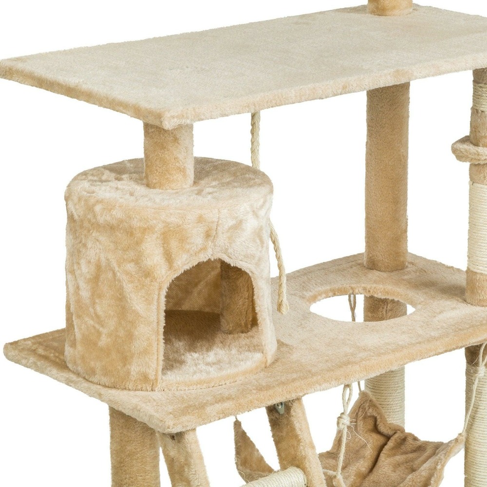 Arbre à chat griffoir grattoir niche jouet animaux peluché beige 141 cm