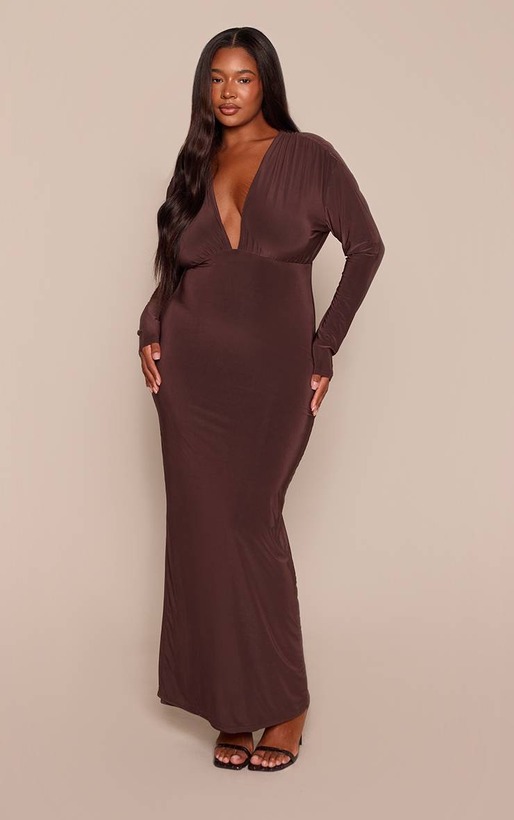 Chocolat Robe Mi-longue Plongeante En Tissu Slinky Grande Taille