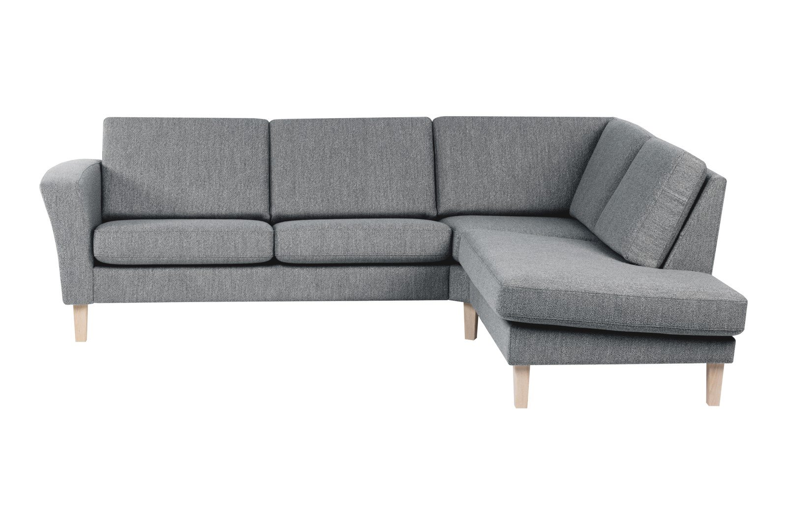 Slogen hjørnesofa Oppsett AH. 2,5-seter med åpen ende høyre. Tekstil Viva Grey med standard ryggpute. Vange A og hvitpigmentert ben 178.