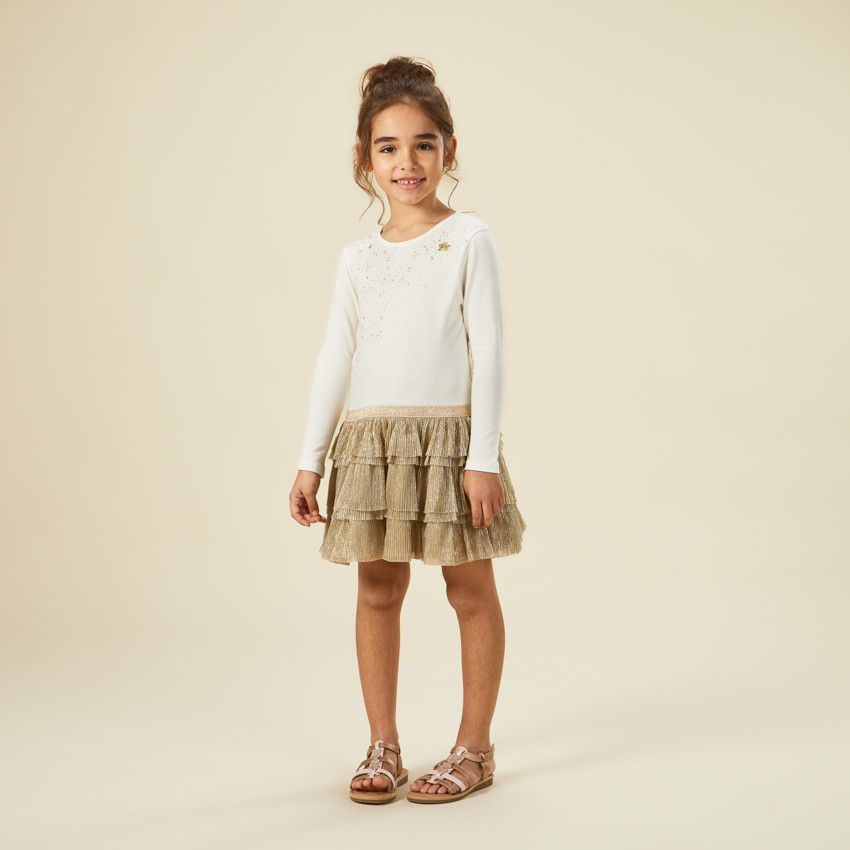 Robe manches longues effet 2 en 1 en tulle plissé pour fille - Ecru