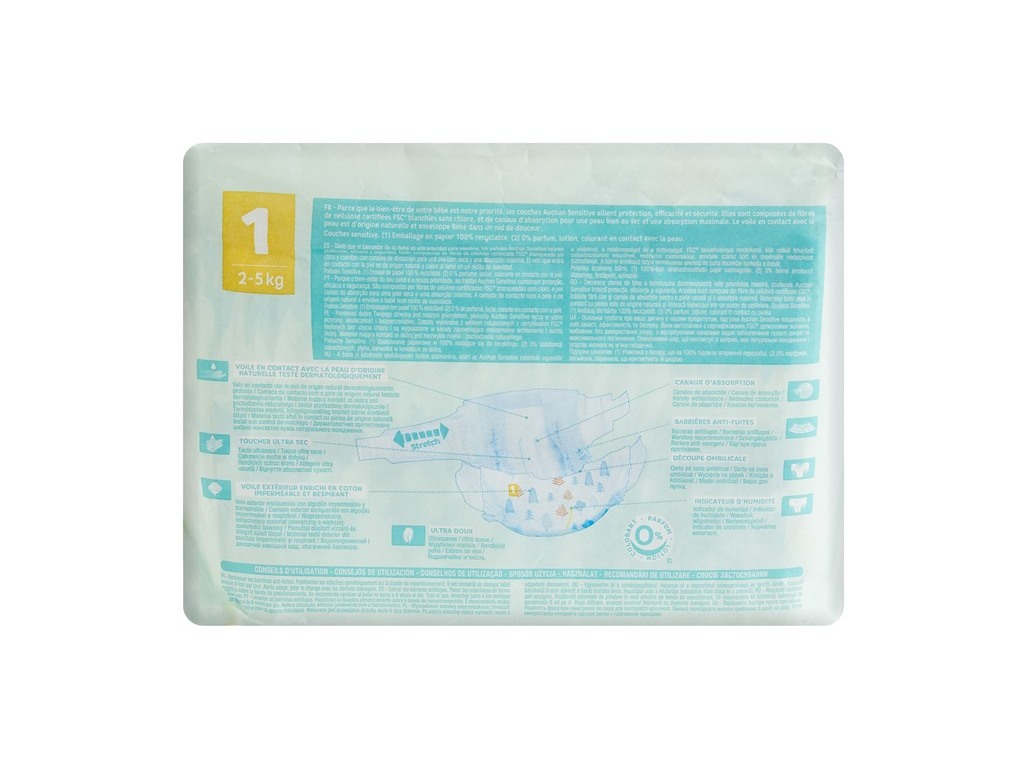 FRALDAS AUCHAN BABY SENSITIVE ECOLÓGICAS TAMANHO 1 2-5KG 25UN