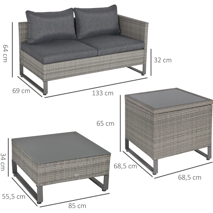 Outsunny Polyrattan Sitzgruppe mit Beistelltisch und Sitzpolstern, 4-teilig Grau