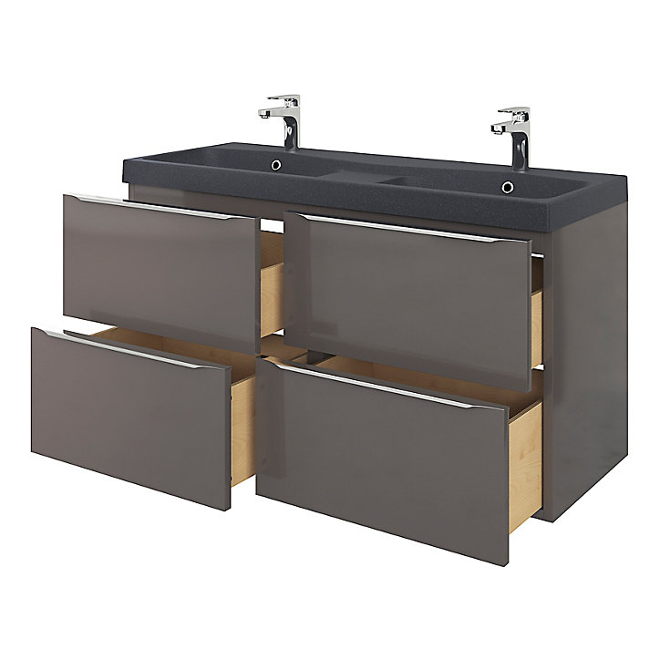Meuble sous vasque à suspendre GoodHome Imandra gris 120 cm + Plan double vasque noir GoodHome Mila 120 cm