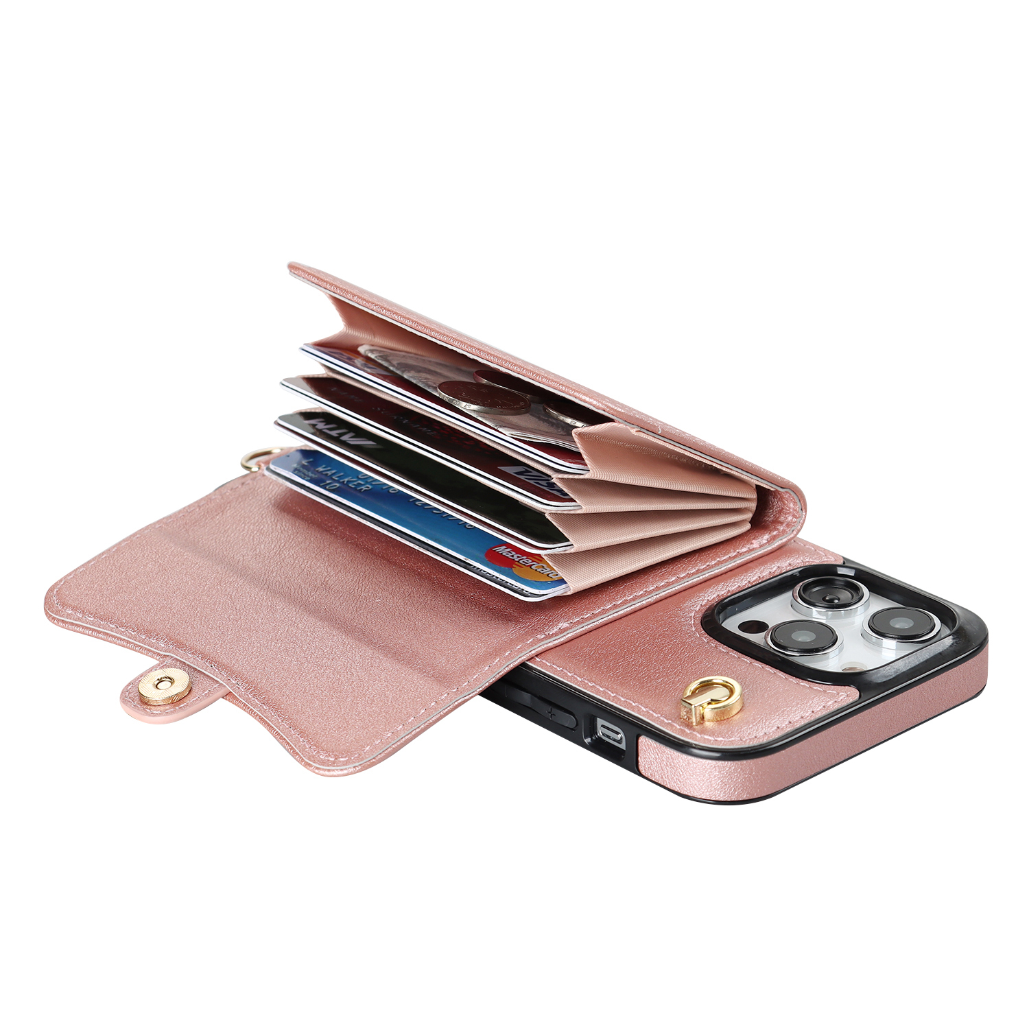 iPhone 14 Pro Necklace Leder Schutz Hülle mit Kartenfach   Handykette (140cm) - Roségold