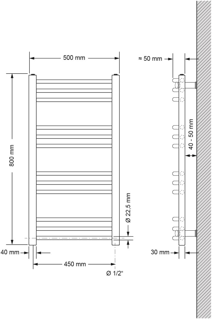 ECD Germany Badheizkörper Elektrisch 500 x 800 mm mit Heizstab 600W ECO Weiß gebogen mit Seitenanschluss - Design Heizkörper Handtuchwärmer Handtuchtrockner Handtuchheizkörper Handtuchheizung Heizung