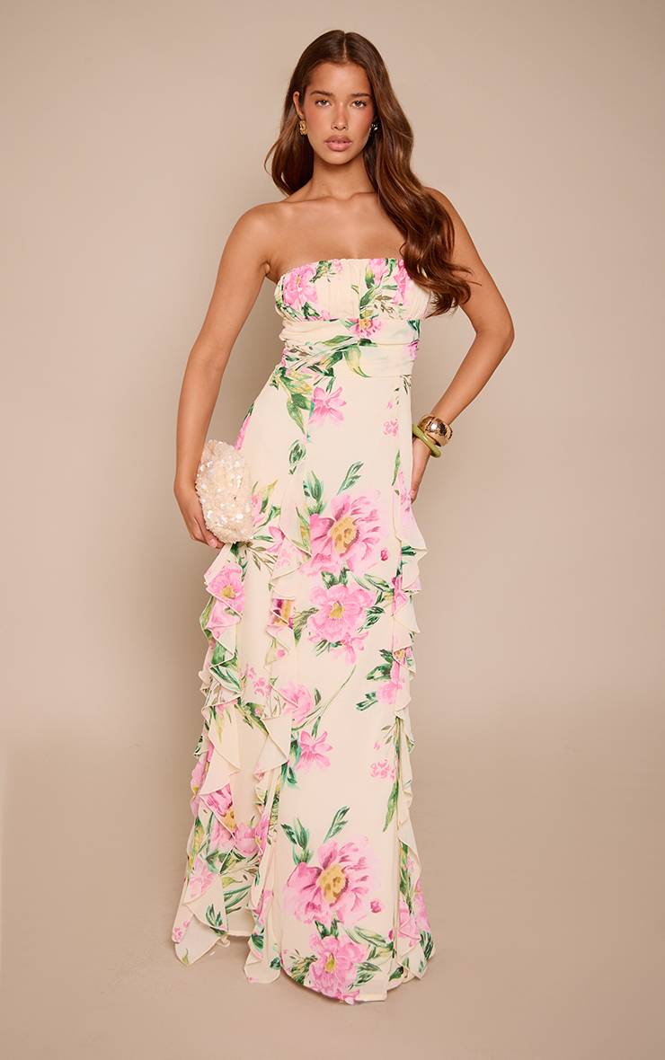 Blanc Robe Maxi Bandeau À Volants Imprimé Fleuri