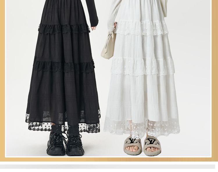Tel tot 10 - Maxi A-lijn rok met elastische taille en effen kant