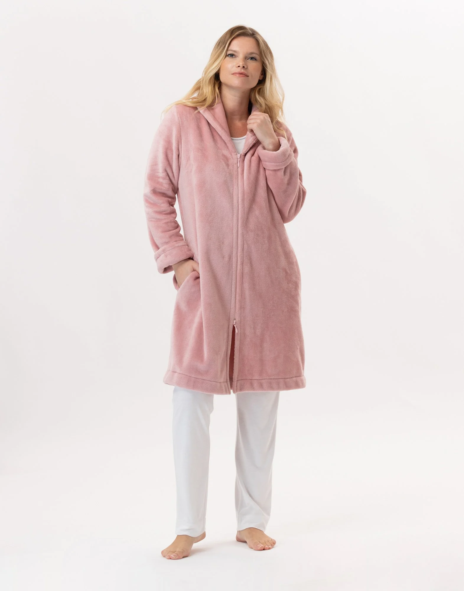 ESSENTIEL H56B - Robe de chambre zipée en peluche flanelle | Rose
