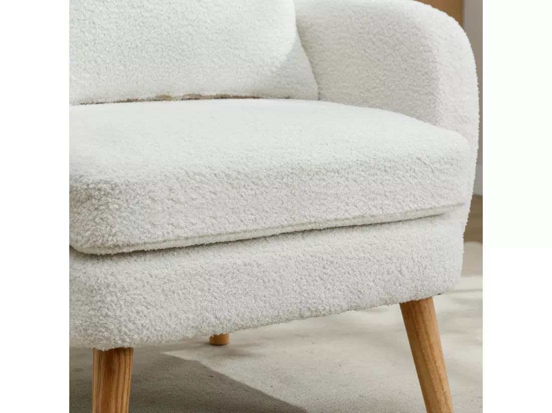 Fauteuil en tissu teddy avec coussin - pieds en bois massif - blanc