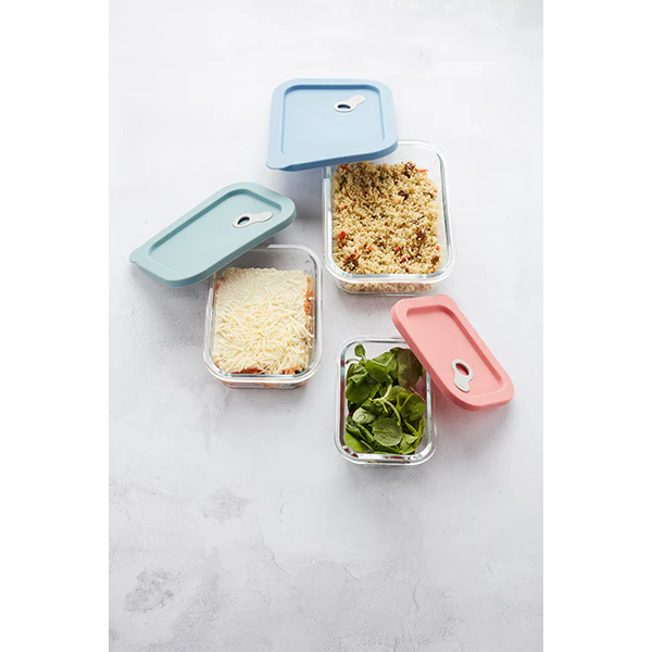 Boite rectangle en verre avec couvercle en silicone rose 320 ml Point