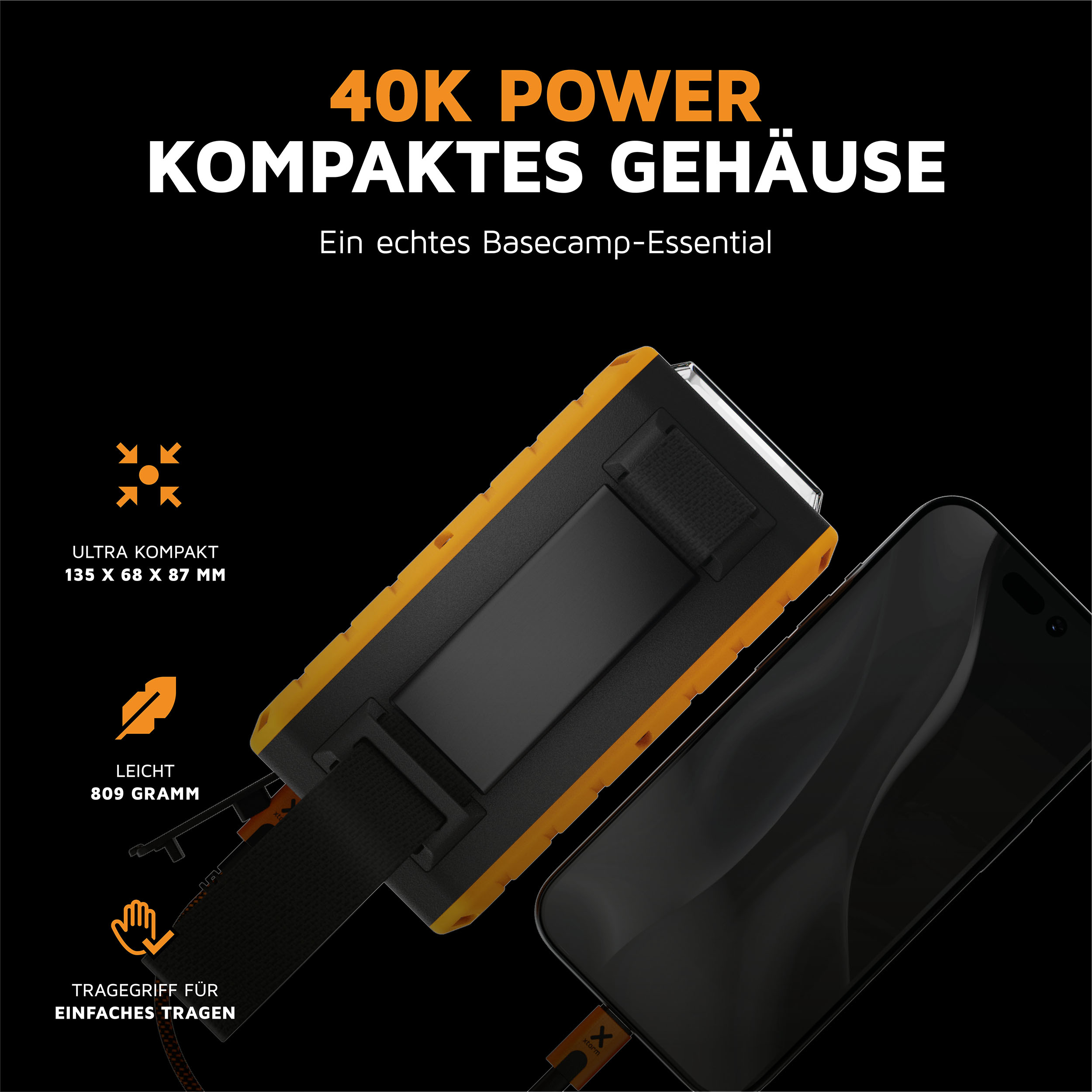 (100W) Xtreme Series Rugged 40000mAh Powerbank Dual USB C / USB A Ladegerät PD QC 3.0 mit LED Taschenlampe (XR204) - Schwarz / Orange