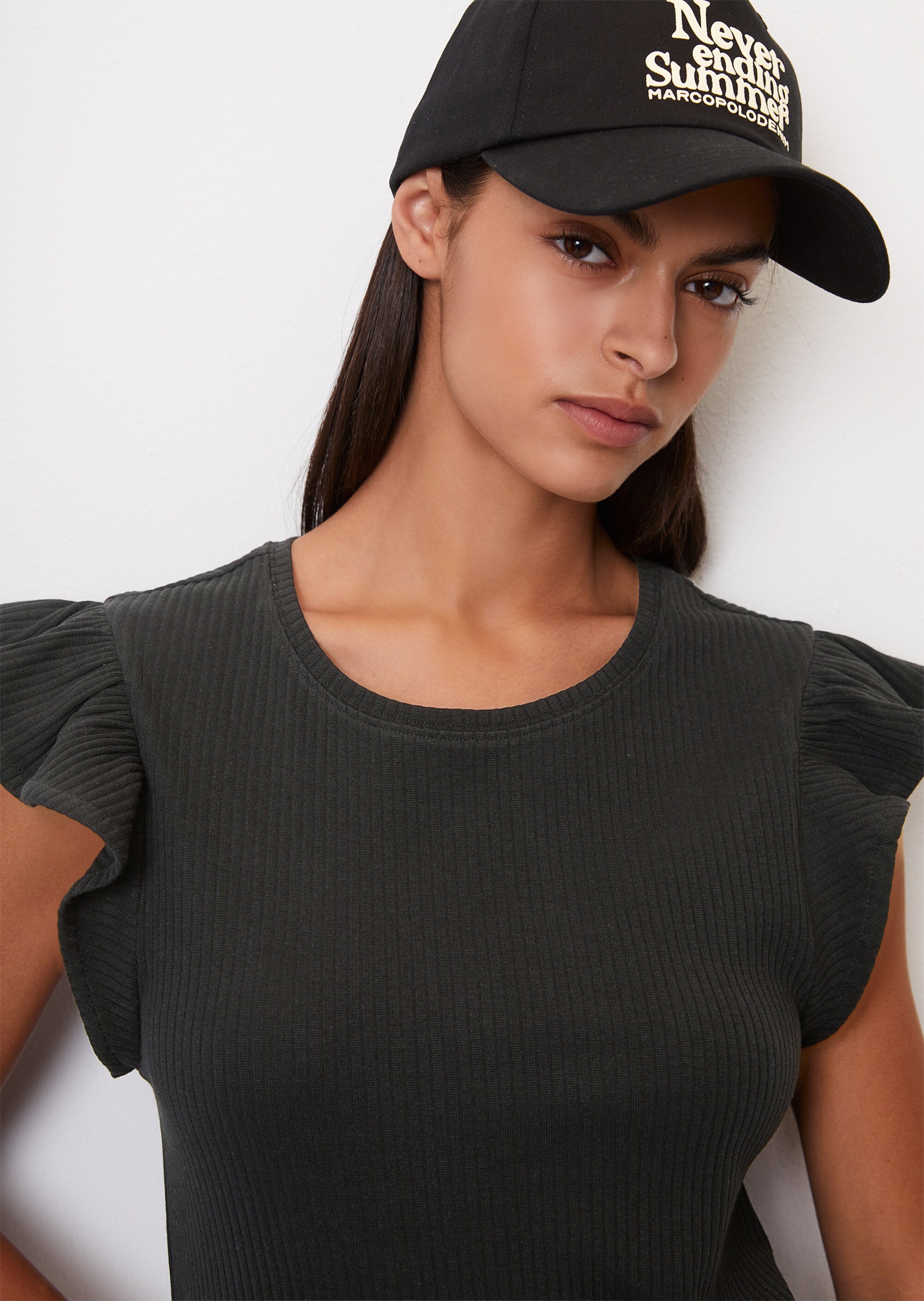 T-Shirt mit Volantärmeln slim aus Ripp-Stretch-Jersey