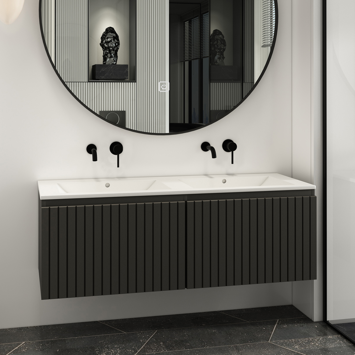 Fontana Lento zwart badmeubel ribbelfront 120cm met witte wastafel zonder kraangaten en ronde spiegel