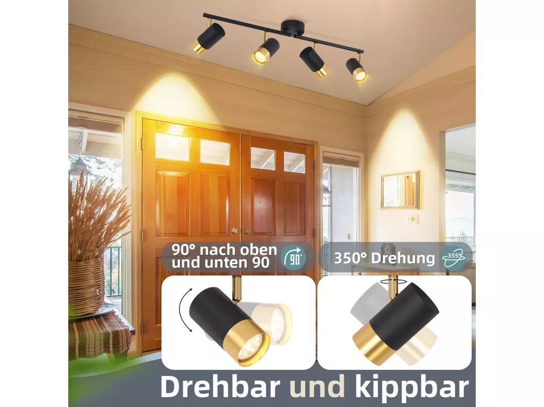 NETTLIFE Spot de plafond GU10 lampe de couloir noir doré orientable à 350° vintage