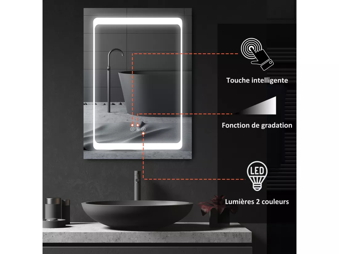 Armoire murale miroir lumineux LED 2 en 1 - 3 étagères - lumière réglable, interrupteur tactile - dim. 50L x 12,5P x 70H cm - acier inox.