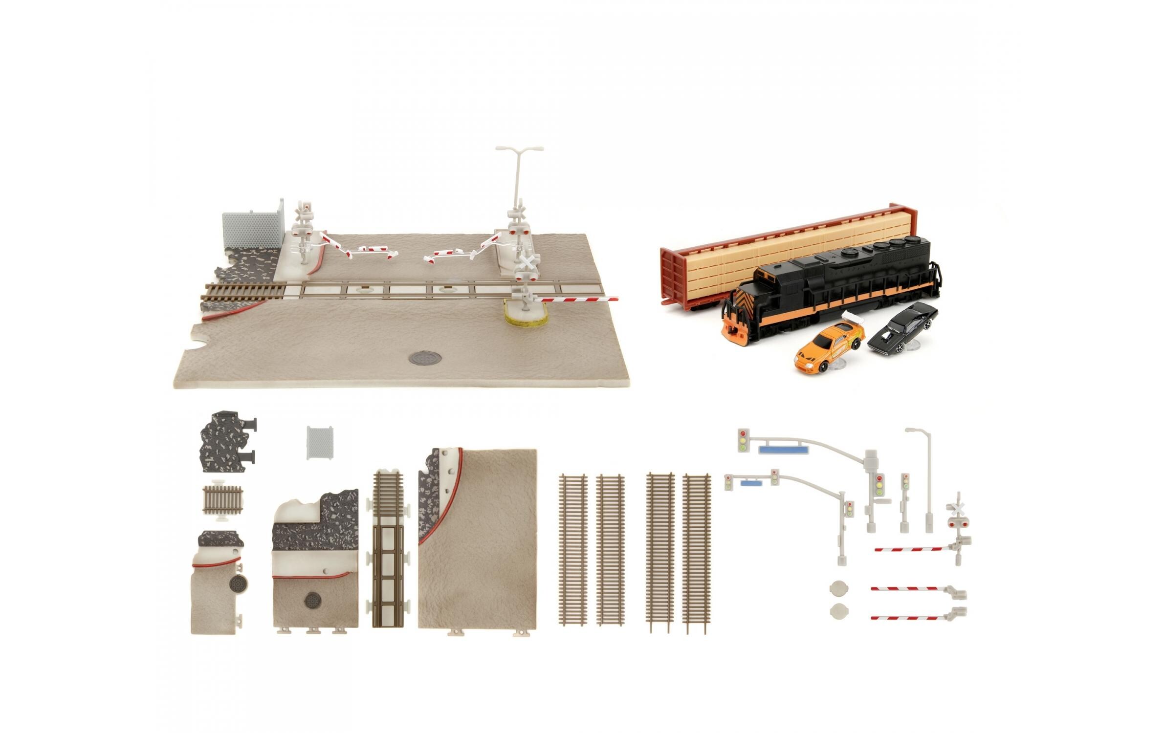 Fast & Furious Diorama Train Scene mit 2 Nano CarsFast & Furious Bahnübergang Diorama mit zwei Modellautos