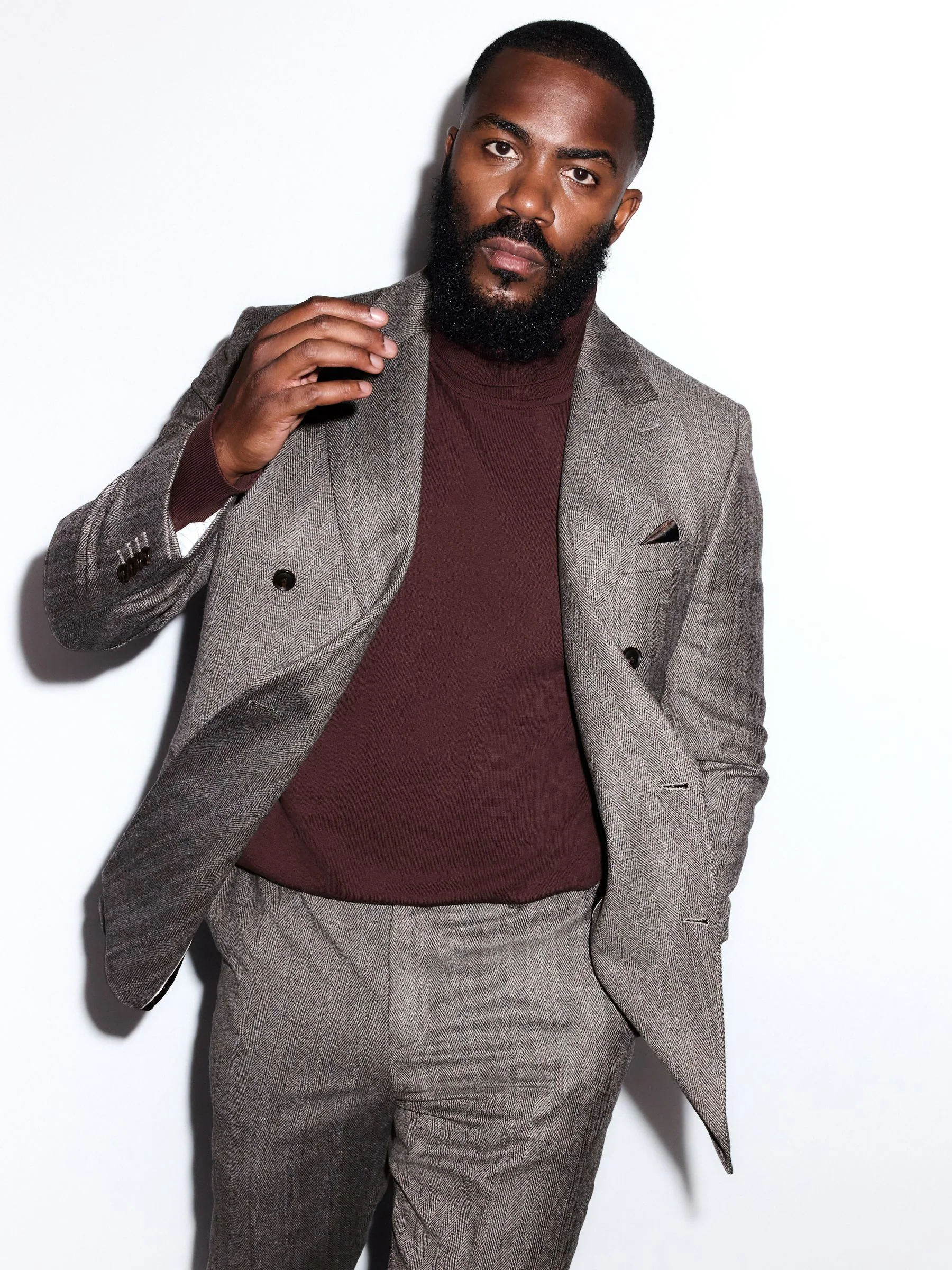 Taupe bruin - Double Breasted Signature Marzotto 100% Italian Wool Herringbone Suit Jacket