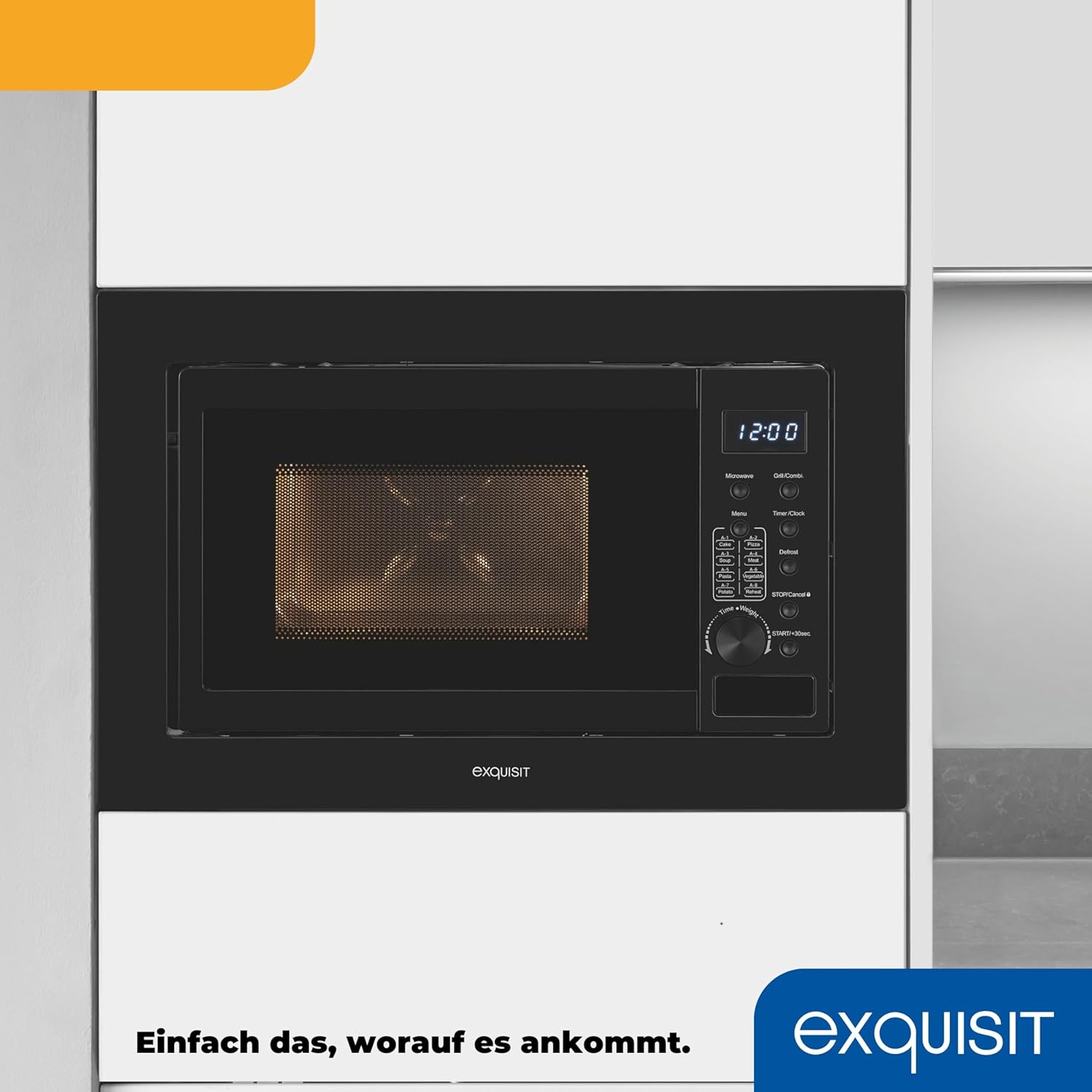 Exquisit Einbaumikrowelle EMW20-DG-020 schwarz| 800 W Leistung | 1000 W Grill | 8 Autokochprogramme| Drehteller 27cm | Einbaugerät | Edelstahl-Garraum