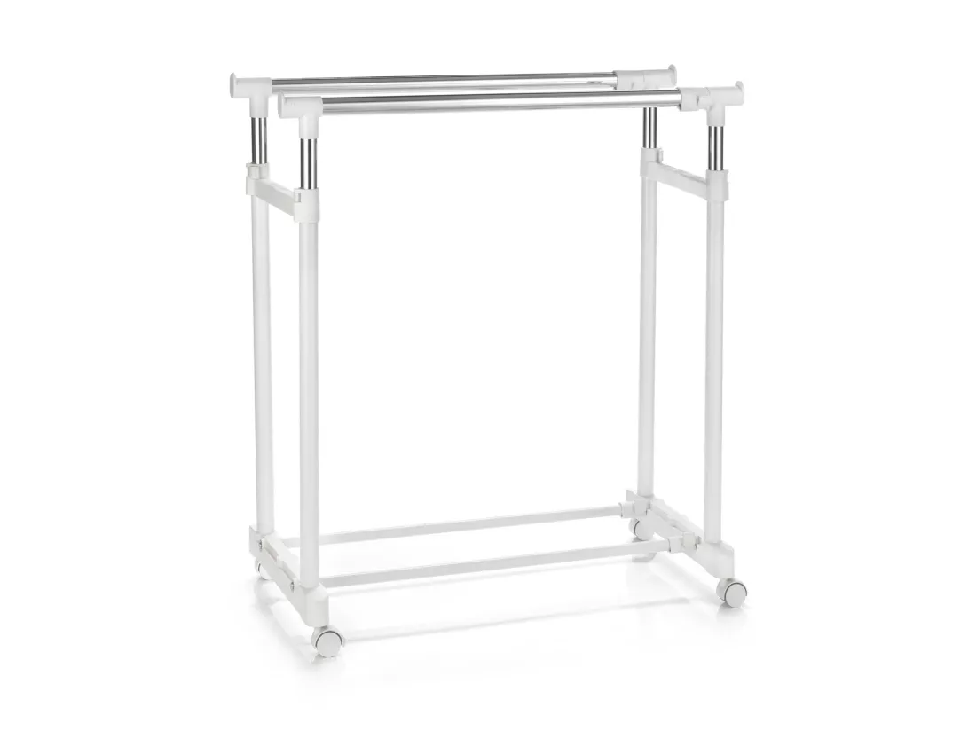 Portant à vêtements CASA en métal chromé et blanc, penderie double sur roulettes avec 2 barres hauteur et longueur réglables