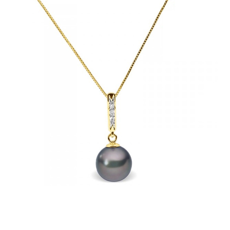Collier Pendentif Perle de Culture d'eau douce Noire, Diamants et Or Jaune 375/1000