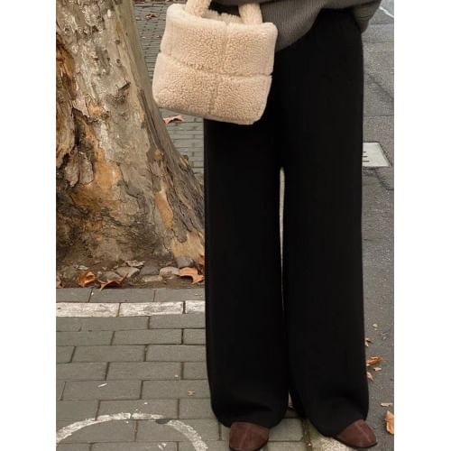 Isaaca - Hoge taille effen gebreide wijde broek