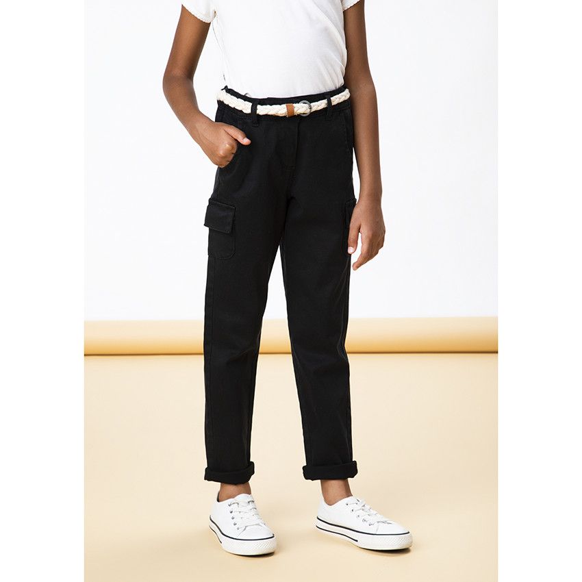 Pantalon twill cargo uni + ceinture tressée pour fille - Noir