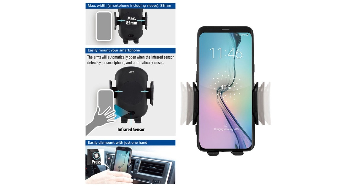 ACT ConnectivityAutomatische smartphone autohouder met draadloze snellaadfunctie  (Zwart)