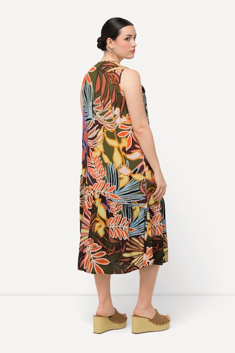 Kleid, Blätter, Volantsaum, V-Ausschnitt, ärmellos