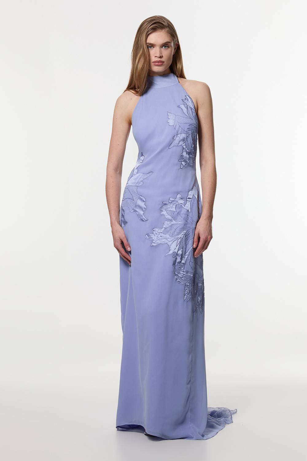 KarenMillen Petite robe maxi en georgette tissée, appliquée et en dentelle à col halterneck