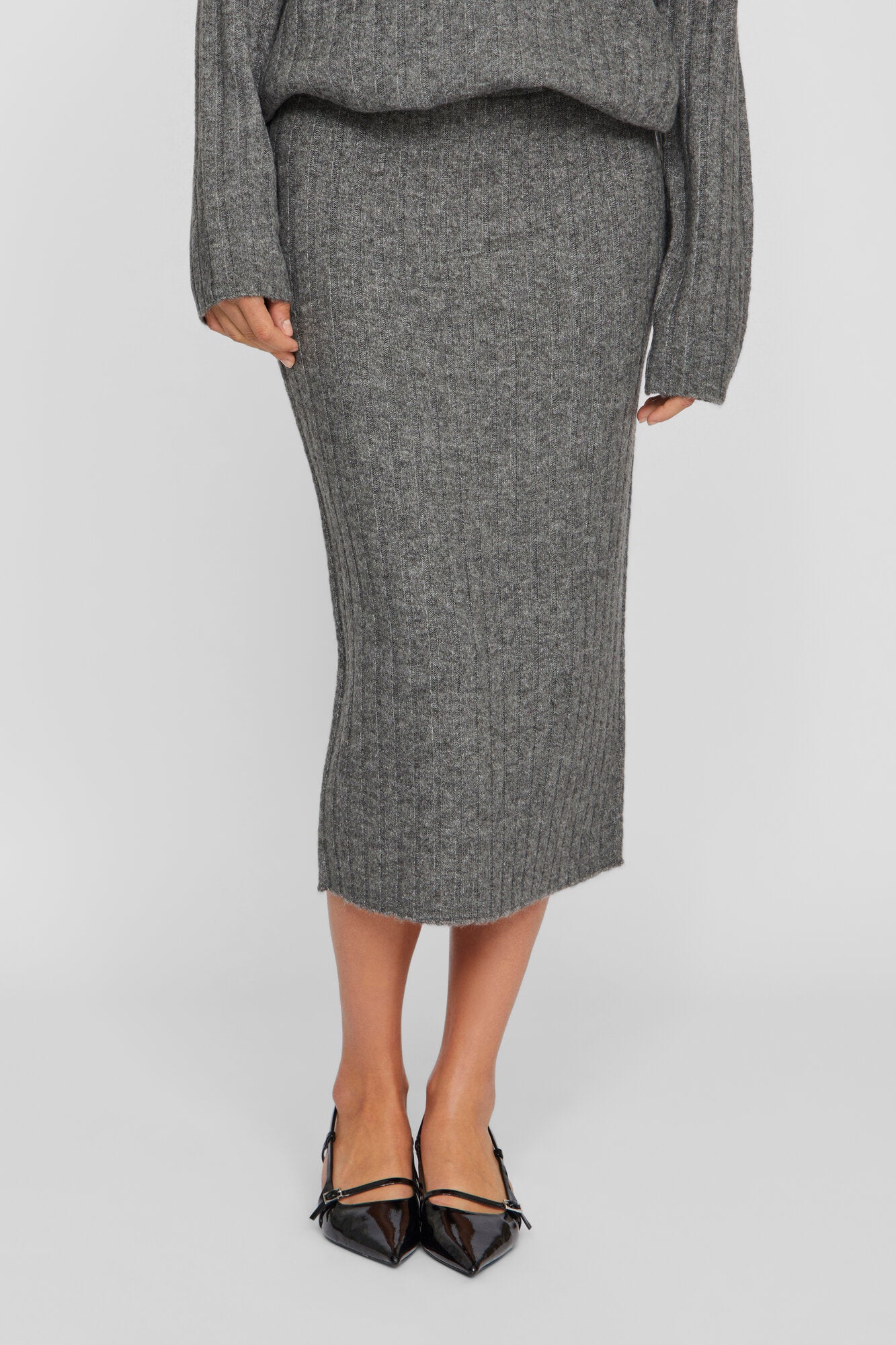 Vila  Vimiraz ribstrikket midi nederdel - Medium Grey Melange