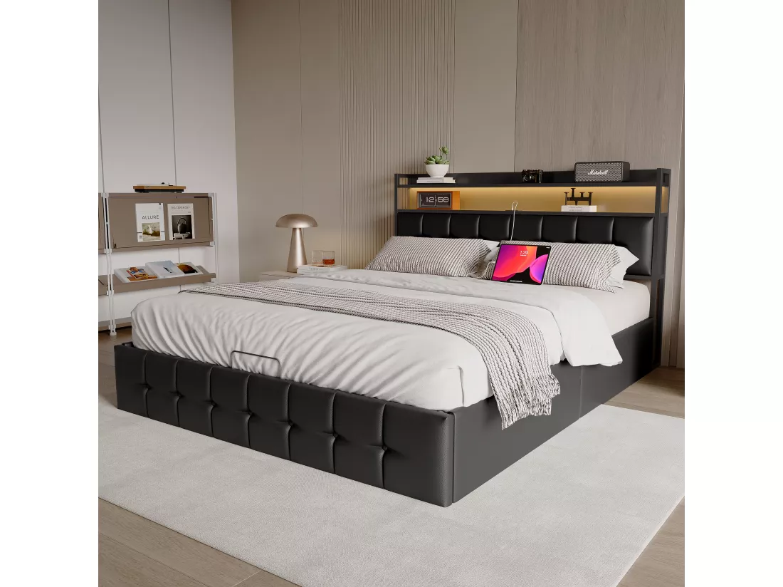 Lit coffre rembourré 160x200cm en tissu de pu - avec LED et port de charge - avec sommier à lattes - Noir