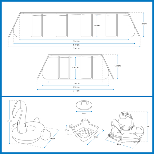 Kit para Piscina Retangular Bestway Power Steel 549x274x122 cm com Acessórios e Limpador de Piscina
