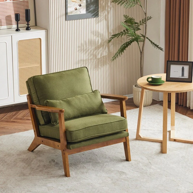 Upholstered Linen Blend Accent Chair with Wooden Legs and One Pillow Beige