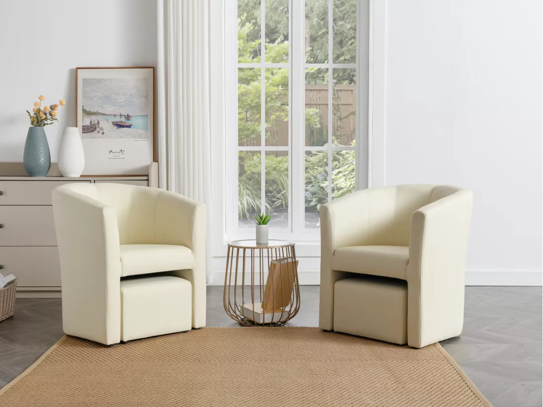 Fauteuil cabriolet et pouf en simili beige JOVANA