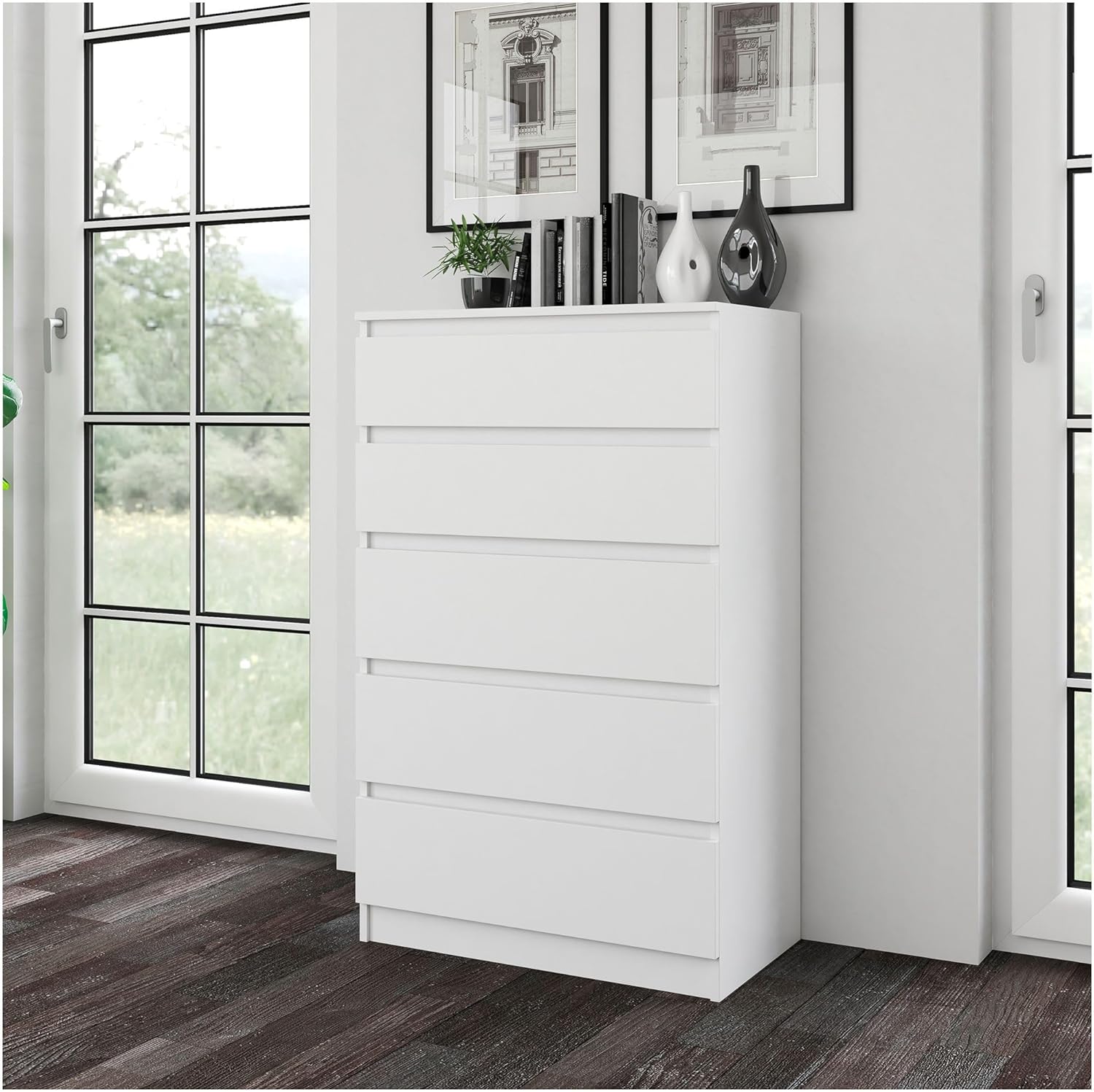 CDF Kommode Weiß mit 5 Schubladen 109 cm Hoch Sideboard Schmale Komode Schlafzimmerkommode für Flur Büro Schlafzimmer Wohnzimmer Schubladenschrank Regal mit Schubladen Schrank Modernes Möbelstück