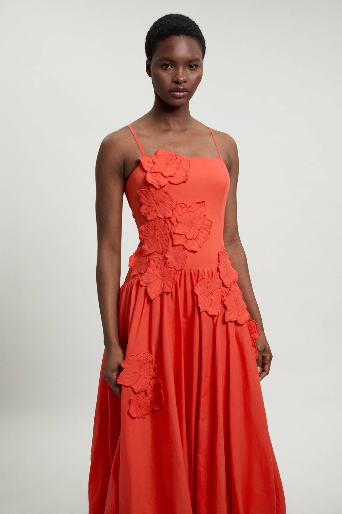 KarenMillen Robe Midi À Ourlet Bouffant Et Fleurs 3D En Coton Lin Petite