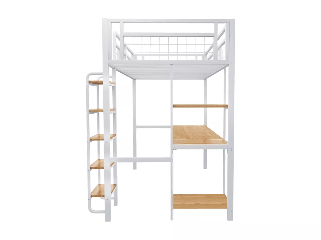 Lit mezzanine en métal 90x200 cm - avec bureau et échelle de sécurité - Blanc