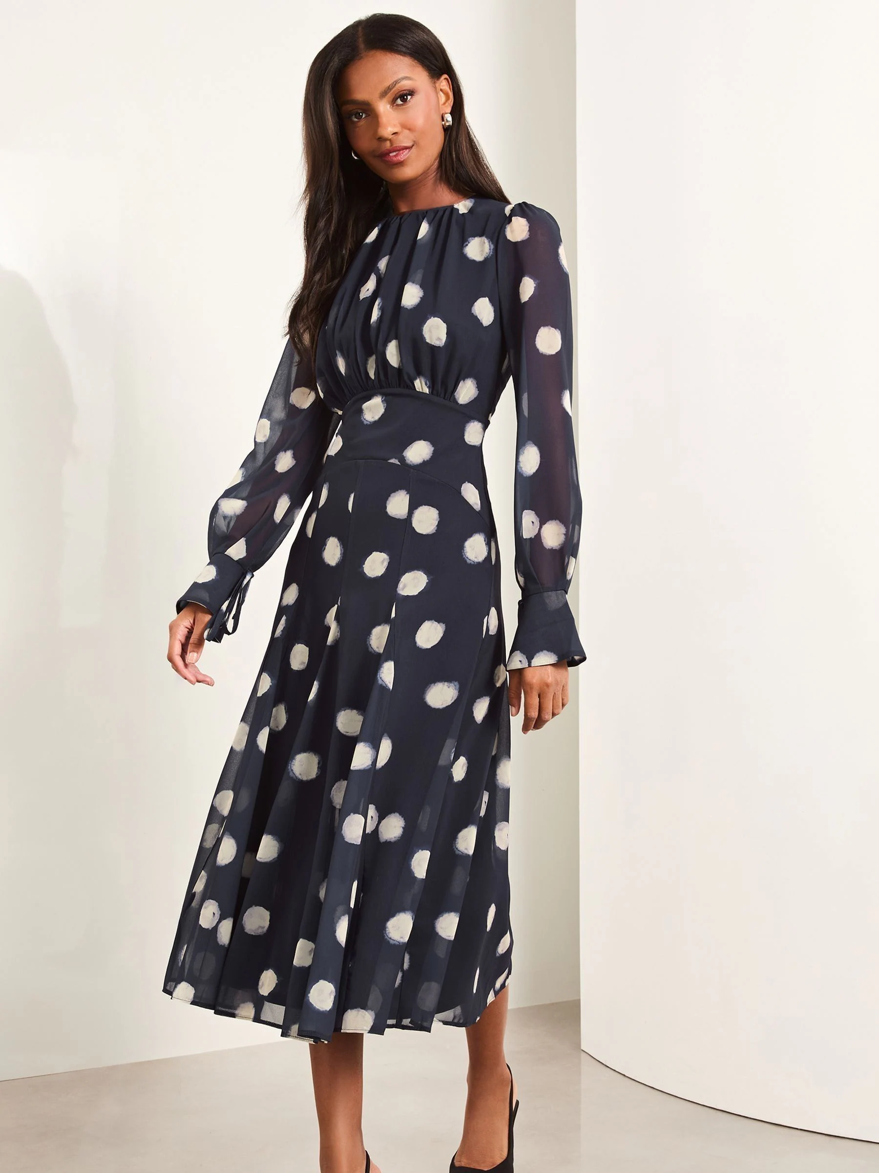 Marineblauwe stip - Lipsy Long Sleeve Underbust Fit And Flare Midi Dress