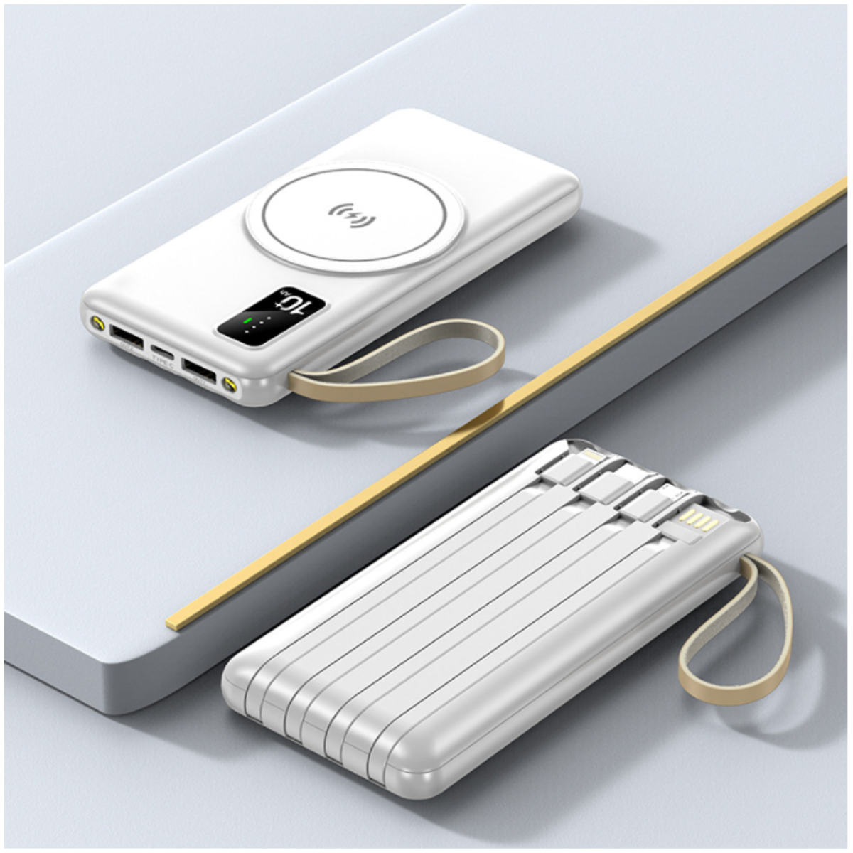 Power Bank Smartek de 10000mAh com 4 cabos de carregamento e carregamento sem fio.