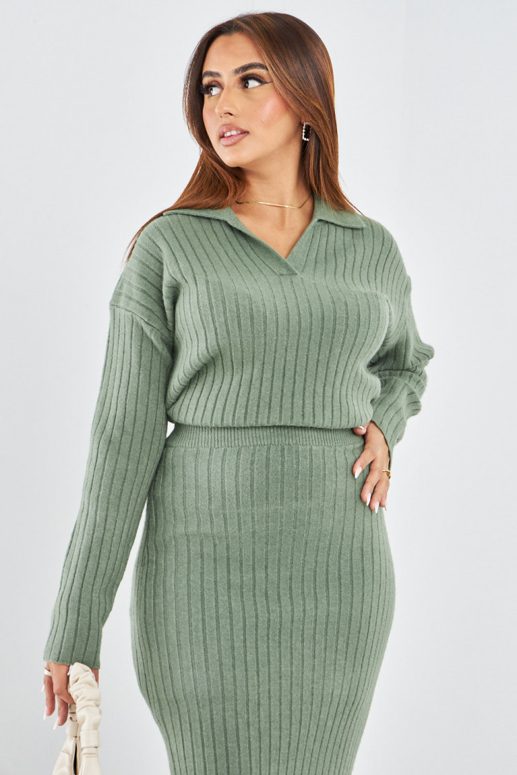 Ensemble 2 pièces pull + jupe côtelé kaki