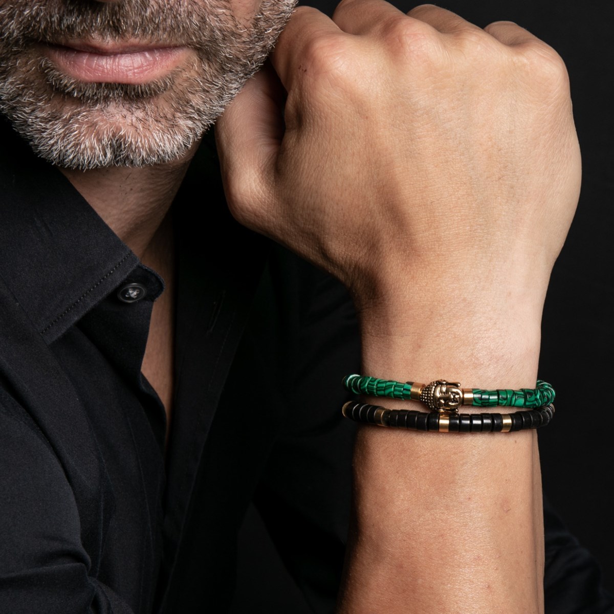 Bracelet Perles Heishi Pierres Naturelles Malachite Bouddha Doré Acier-XS-14cm