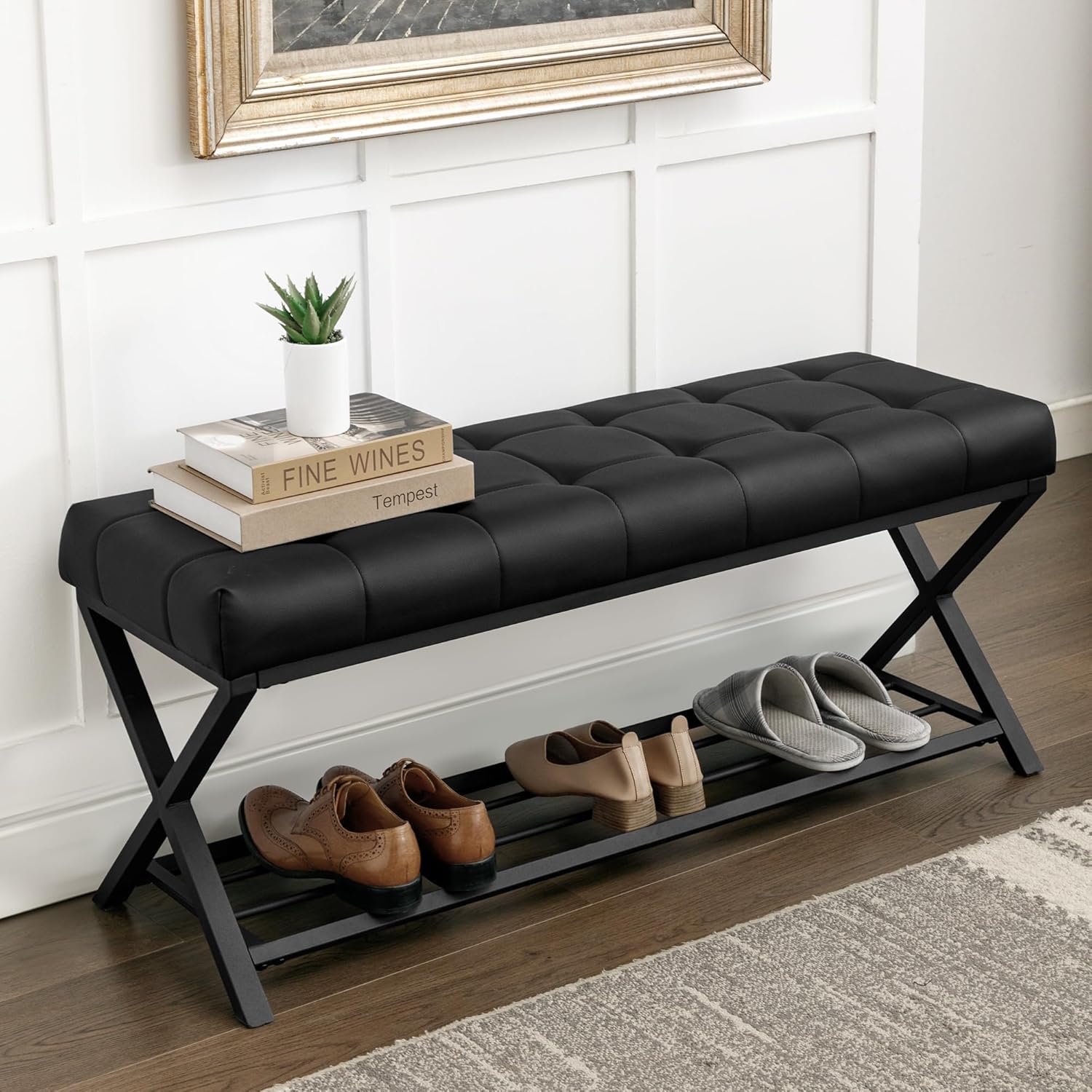 LUE BONA Schuhbank,Schuhbank mit Sitzfläche,Schuhschrank mit Sitzbank und Leder Gepolstertem,Sitzbank Flur mit Metallrahmen für Eingangsbereich,Wohnzimmer,Flur,113 x 38 x 46 cm,Schwarz