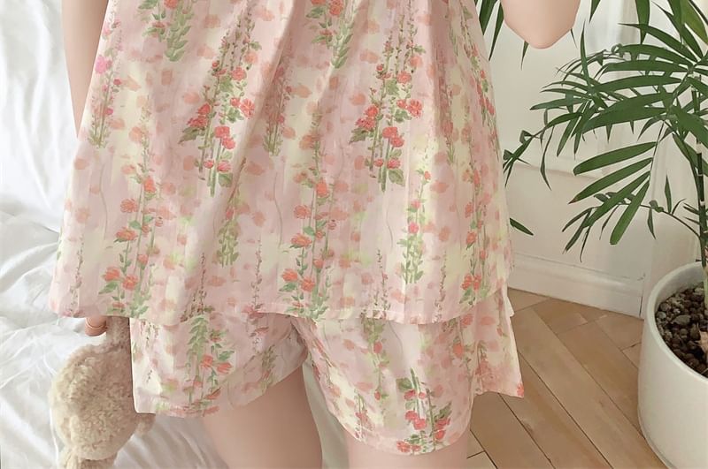 Sadelle - Spaghettibandjes, vierkante hals, bloemenprint, strikaccent, midi-pyjamajurk / camisole top / shorts / set