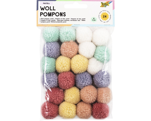 Wollen pompons, pastel, 24 stuks, 6 kleuren