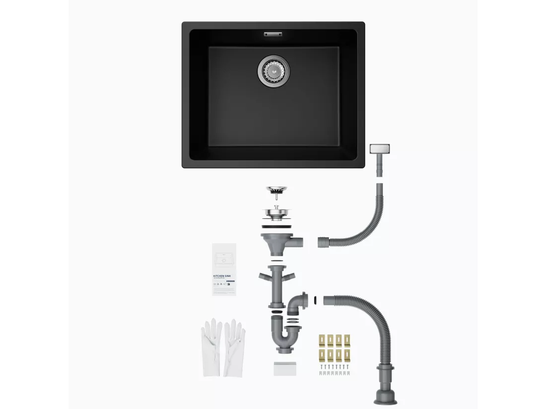 CECIPA MAX Evier 1 Bac en Quartz et Résine, Evier de Cuisine en Granit Noir Gris, Evier Quartz 3 Options de Montage, 55*44*20cm
