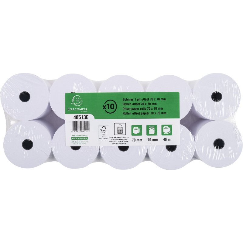 Bobines Calculatrices Exacompta 40513E - l 70 mm x L 40 m, Ø 70 mm - 1 pli(s) - paquet de 10