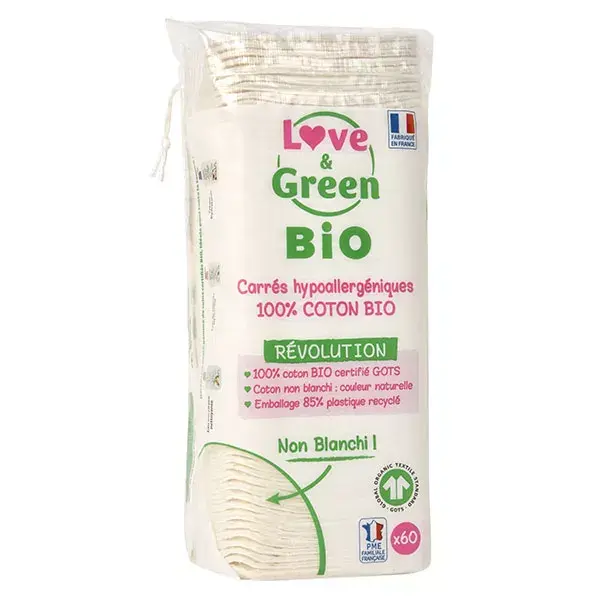 Discos de algodão orgânico para higiene do bebê Love & Green, 60 unidades.