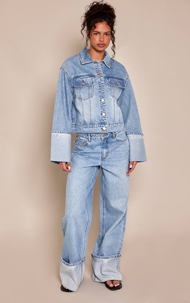 Mid Blue Wash Jean Bleu Moyen À Ourlet Retroussé Profond