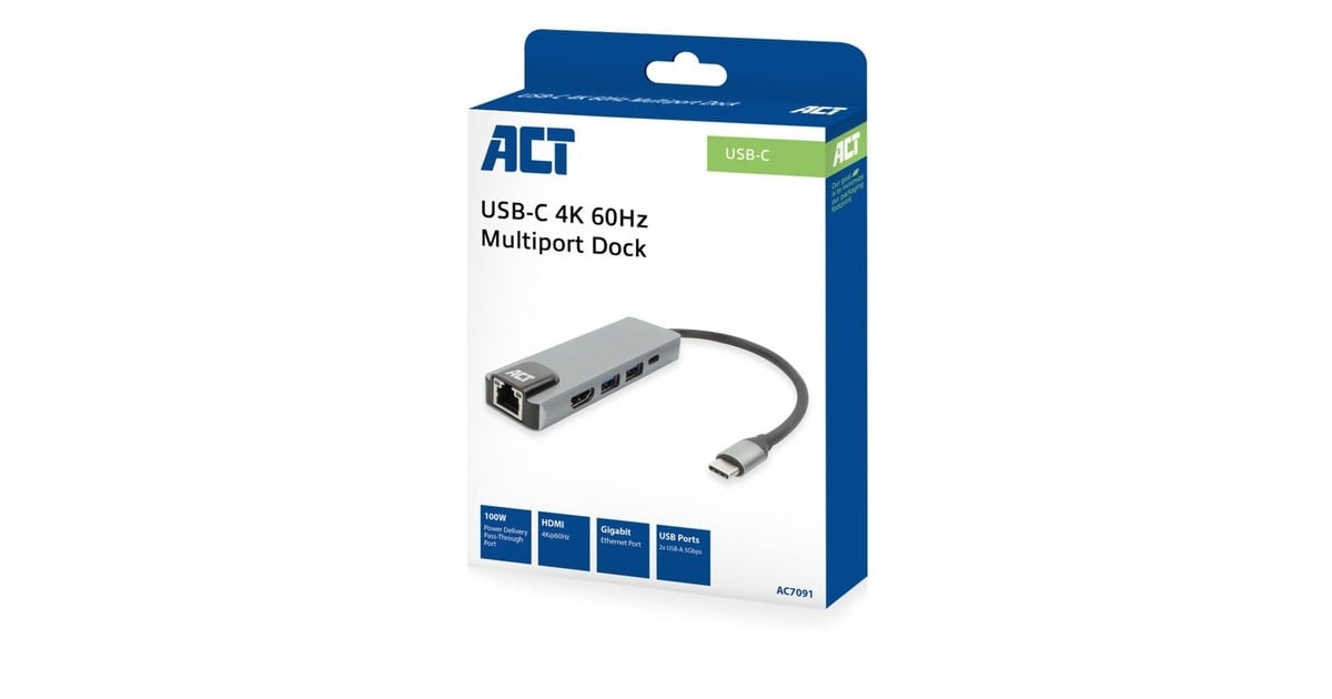 ACT ConnectivityUSB-C 4K docking station voor 1 HDMI monitor, ethernet, USB-A, PD pass-through  (Grijs)