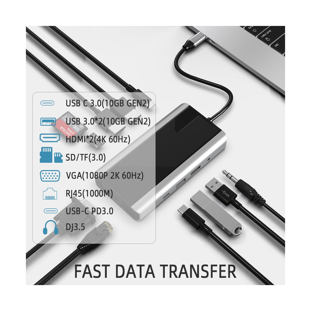 11 i 1 USB C Hub med USB 3.0, HDMI, RJ45, SD/TF-kortleser, 100W PD-lading